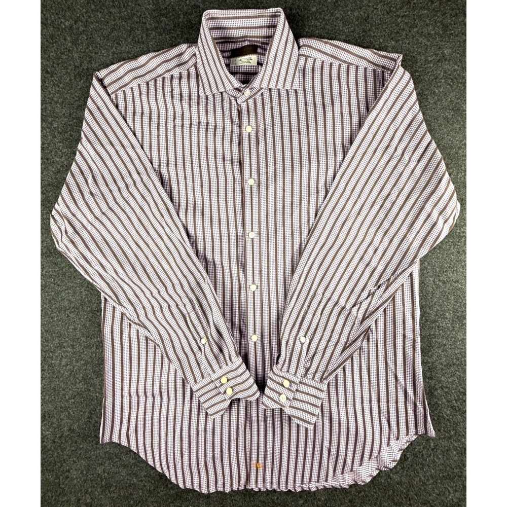 Thomas Dean Mens Large Purple Stripe Dress Shirt Button Up Cotton